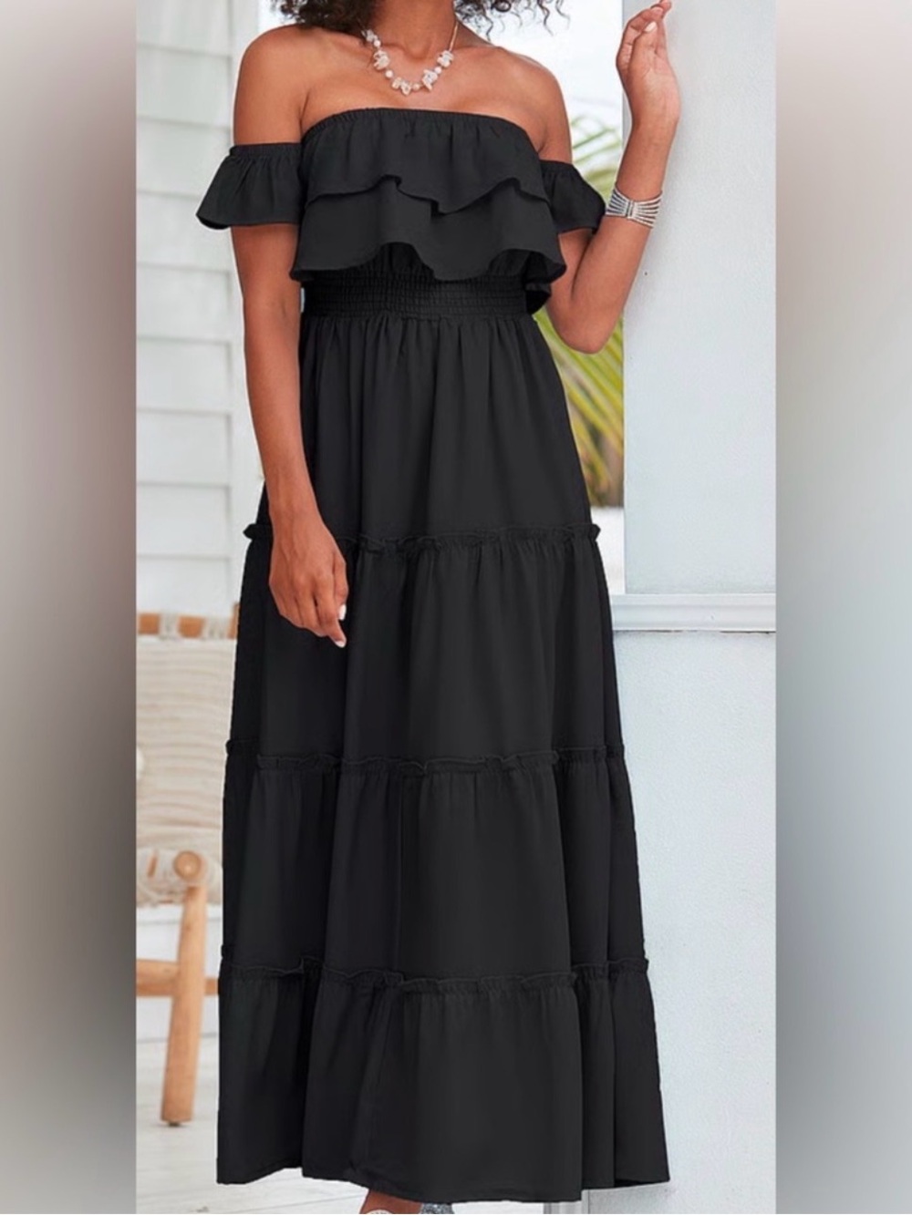 Lascana Off-Shoulder Ruffled Black Maxi Dress